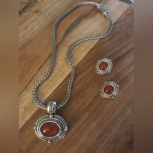Silver and Amber Necklace and Clip On Earrings